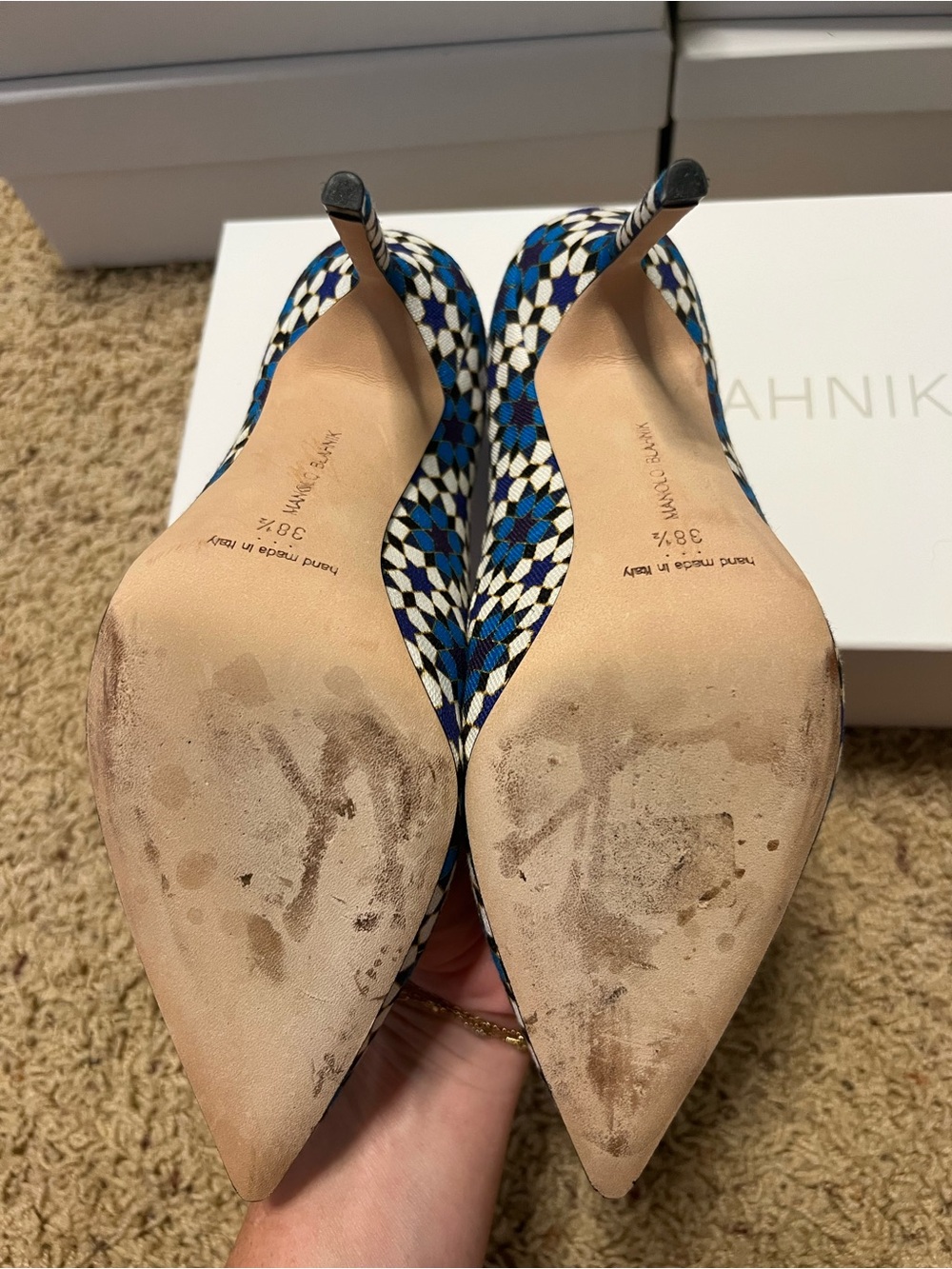 Manolo Blahnik Blue, White & Black Geometric Pointed-Toe Stilettos - Picture 4 of 7